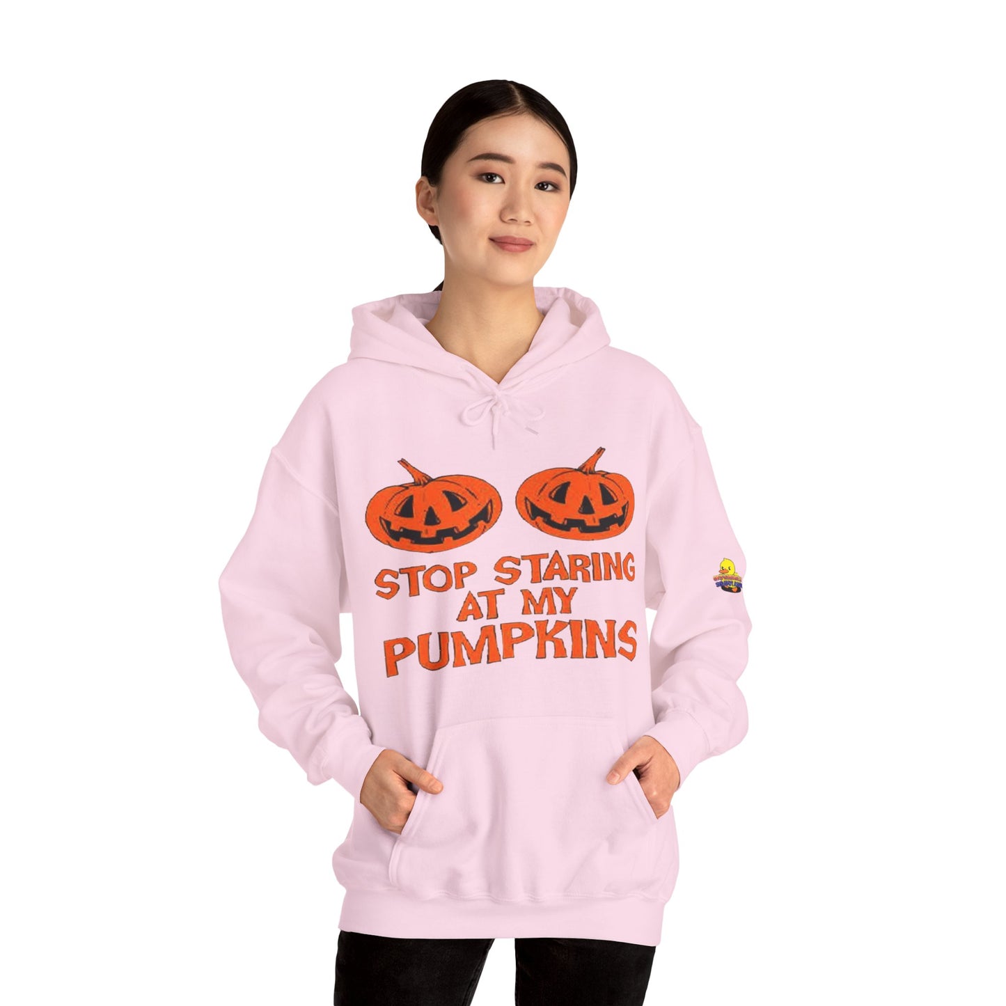 Stop Staring at My Pumpkins Hooded Sweatshirt Printify