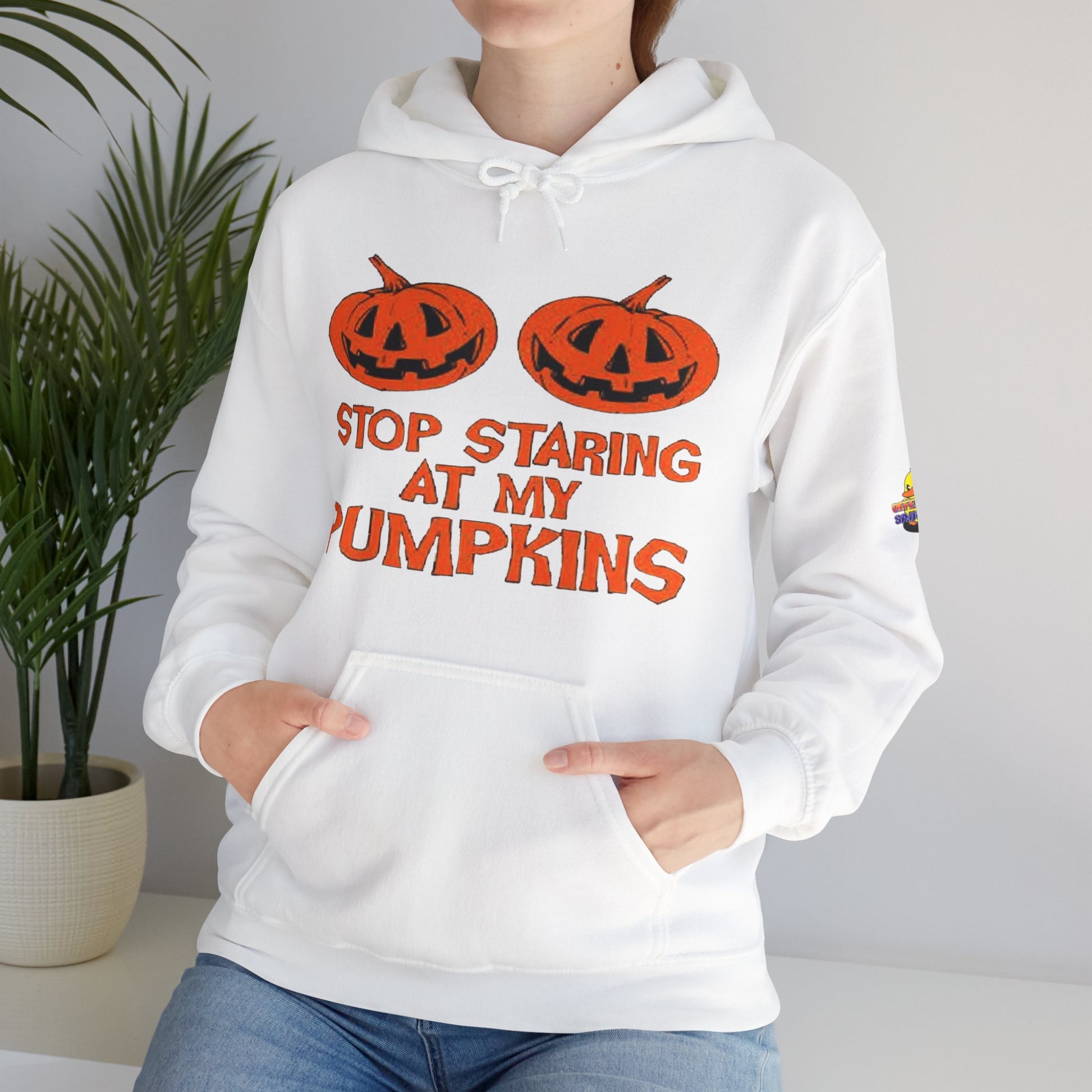 Stop Staring at My Pumpkins Hooded Sweatshirt Printify