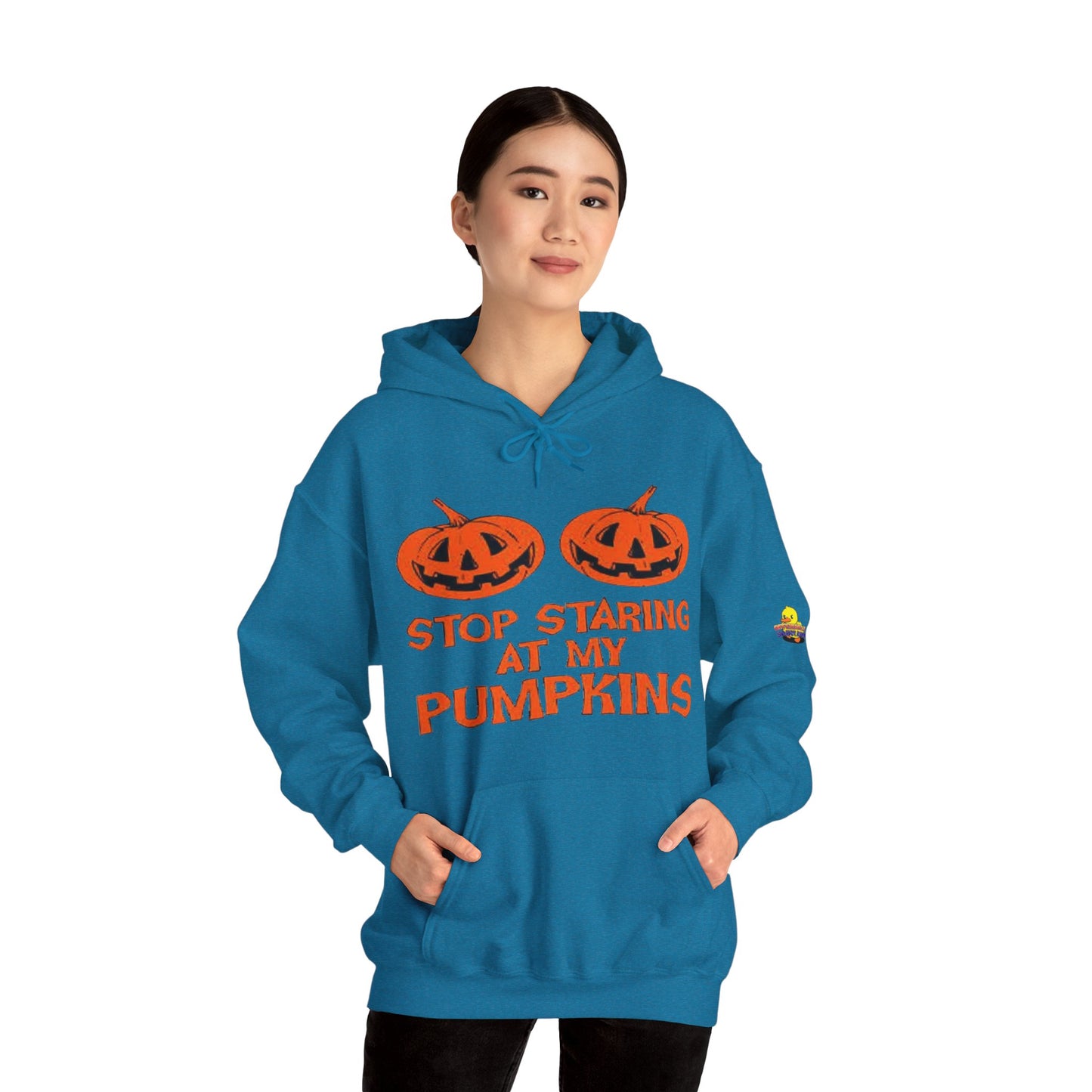 Stop Staring at My Pumpkins Hooded Sweatshirt Printify