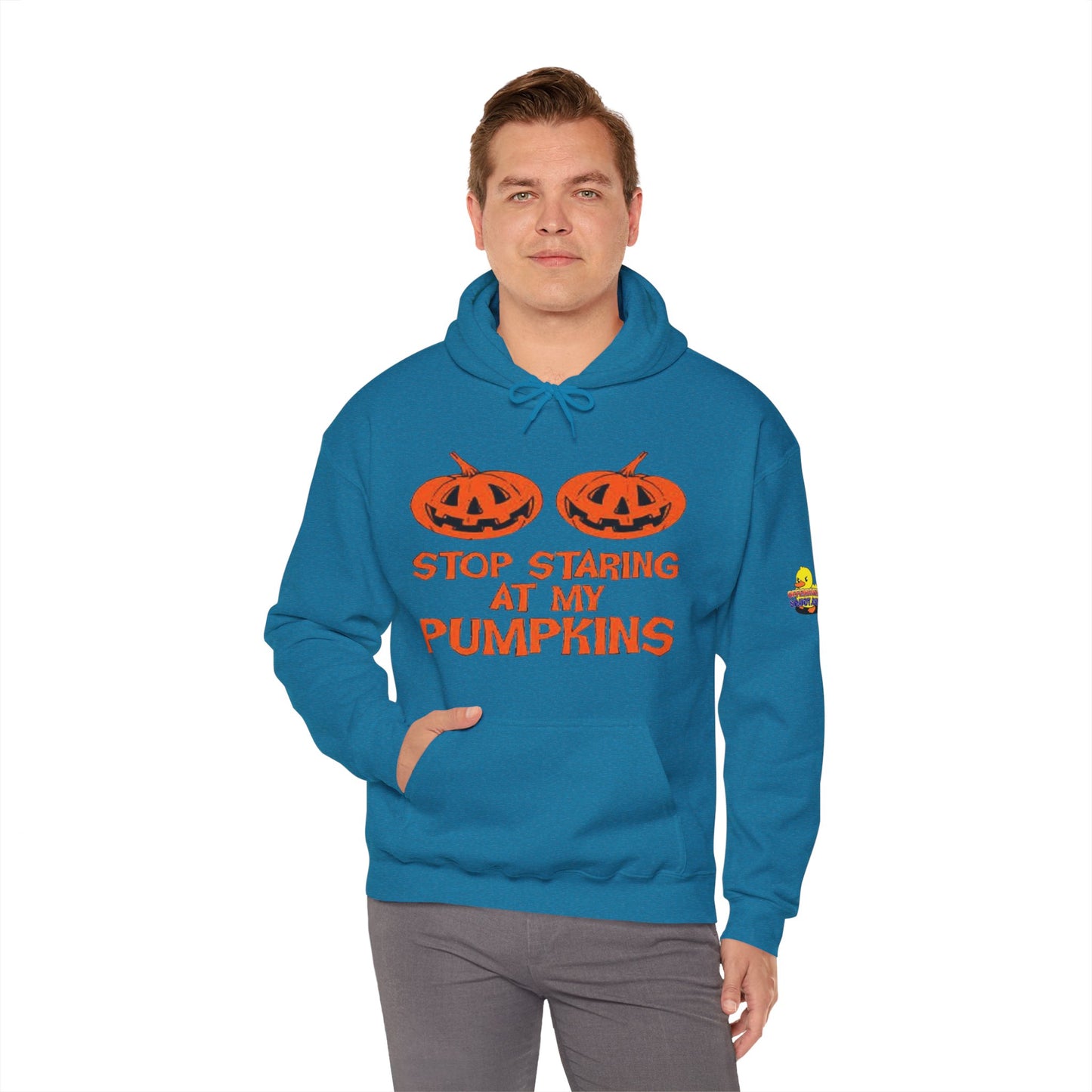 Stop Staring at My Pumpkins Hooded Sweatshirt Printify
