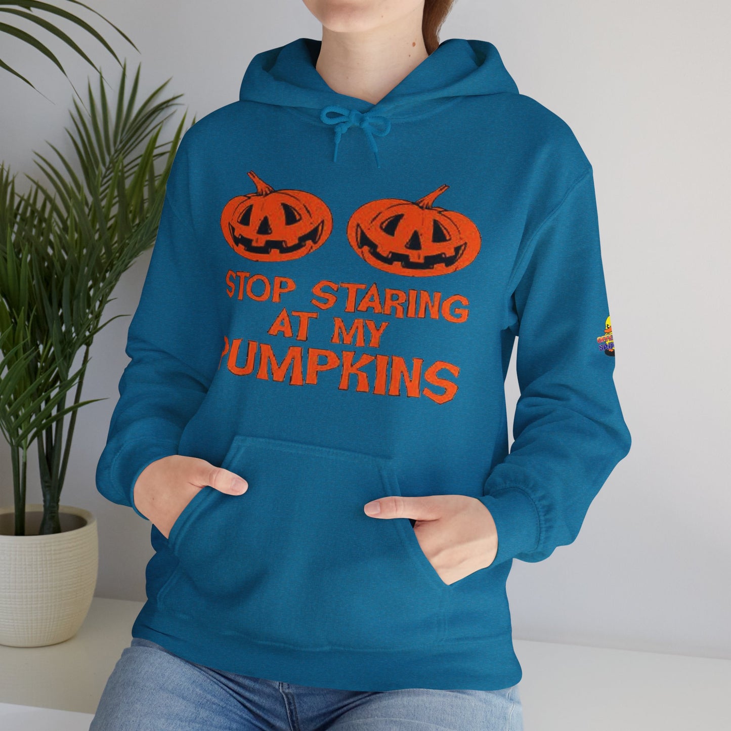 Stop Staring at My Pumpkins Hooded Sweatshirt Printify