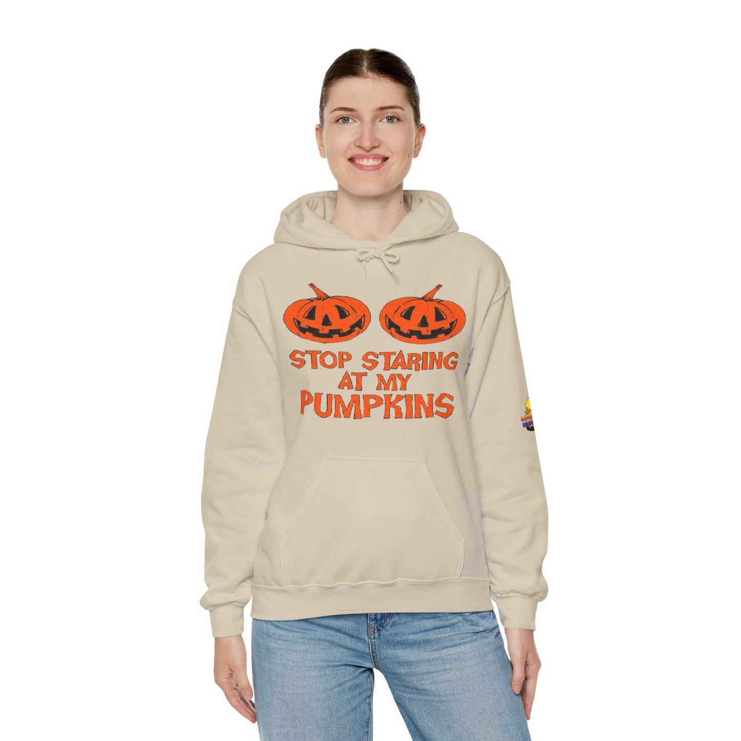 Stop Staring at My Pumpkins Hooded Sweatshirt Printify