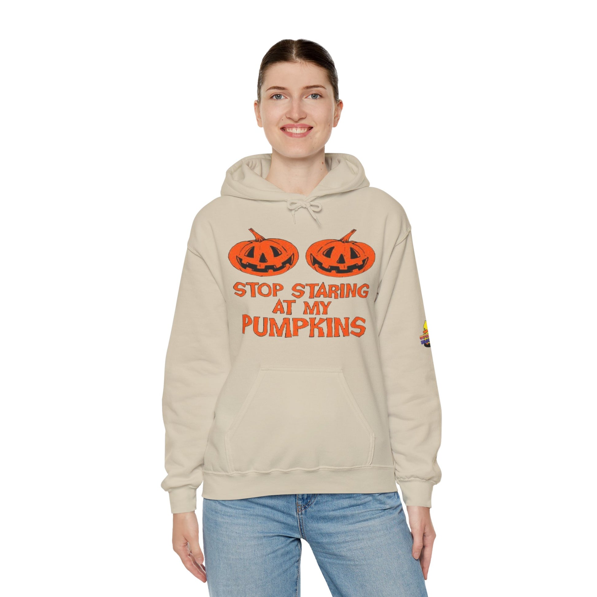 Stop Staring at My Pumpkins Hooded Sweatshirt Printify