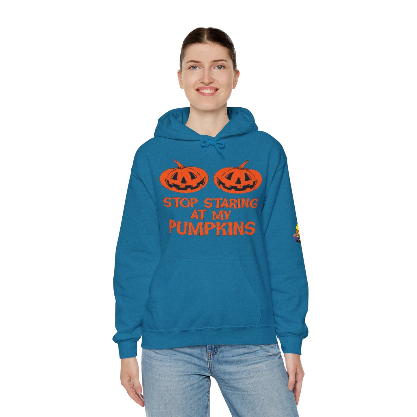 Stop Staring at My Pumpkins Hooded Sweatshirt Printify