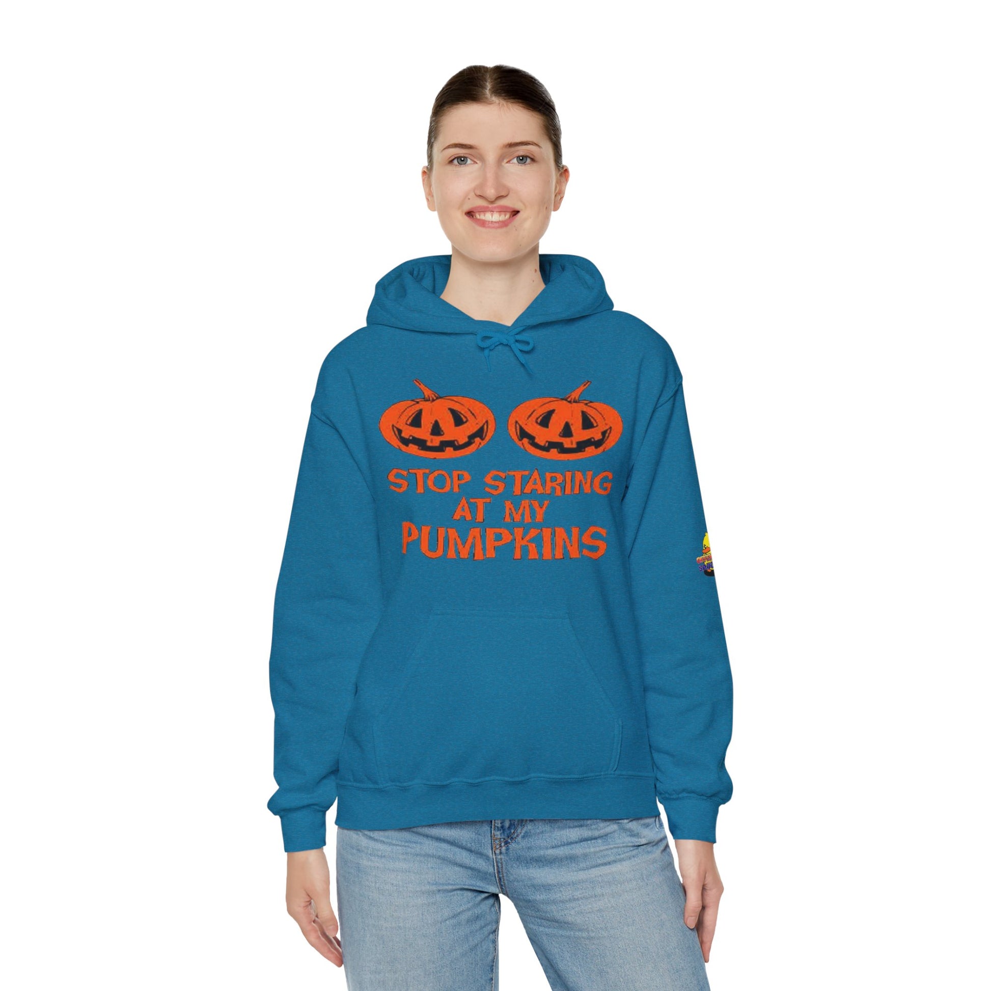 Stop Staring at My Pumpkins Hooded Sweatshirt Printify