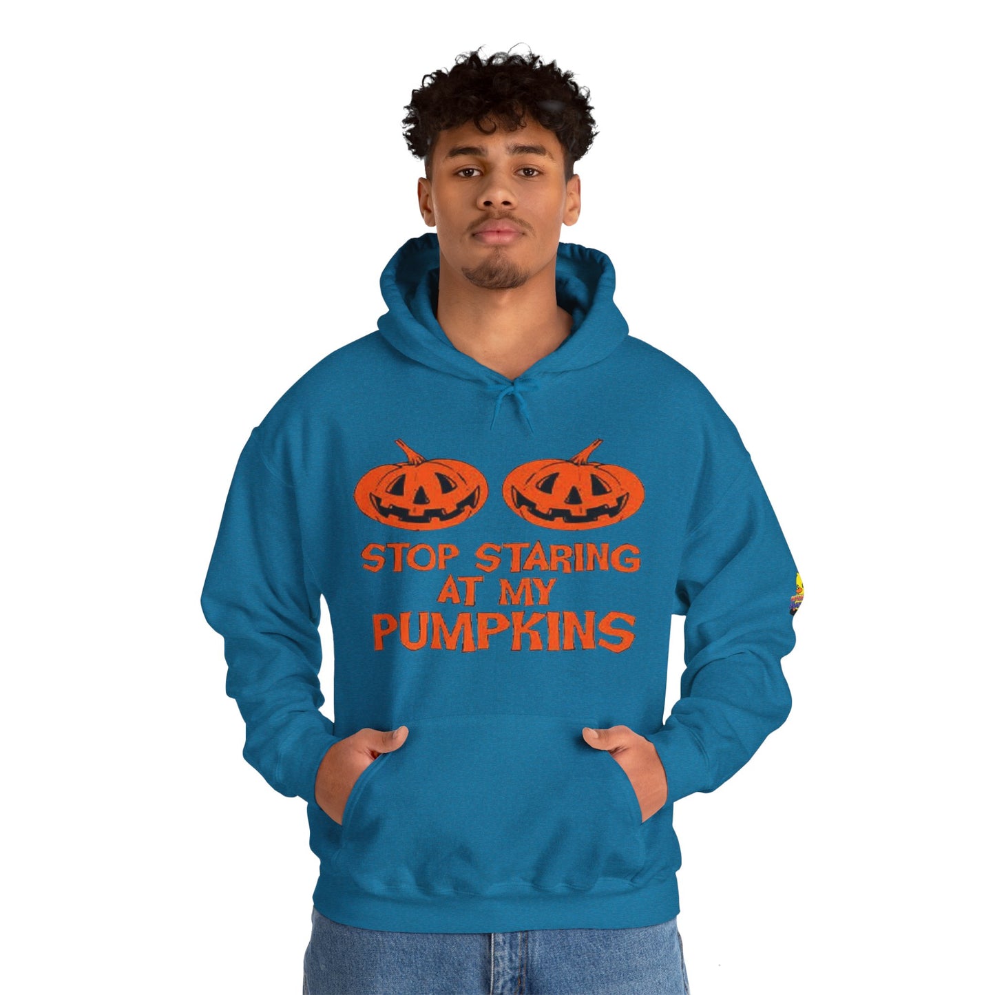 Stop Staring at My Pumpkins Hooded Sweatshirt Printify
