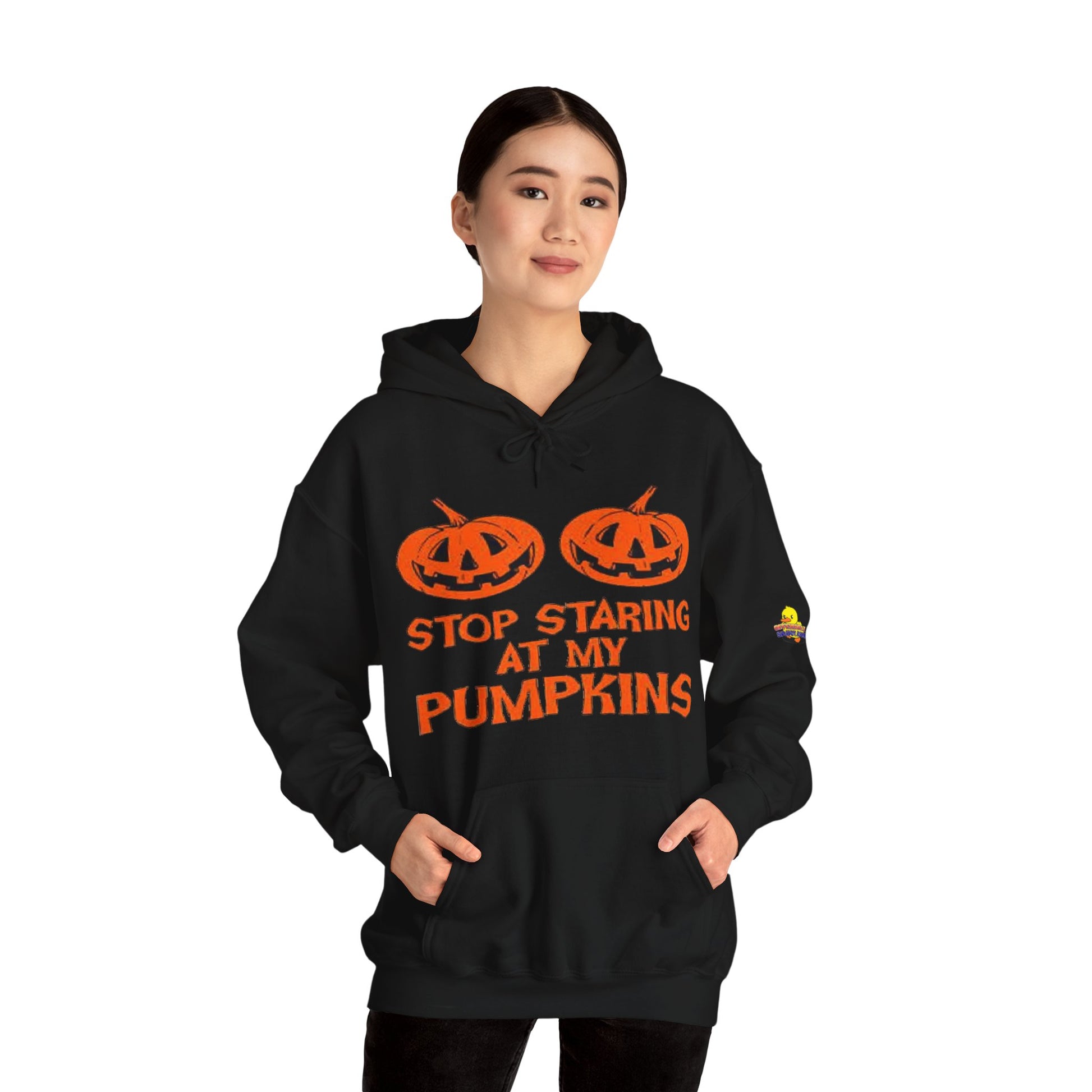 Stop Staring at My Pumpkins Hooded Sweatshirt Printify