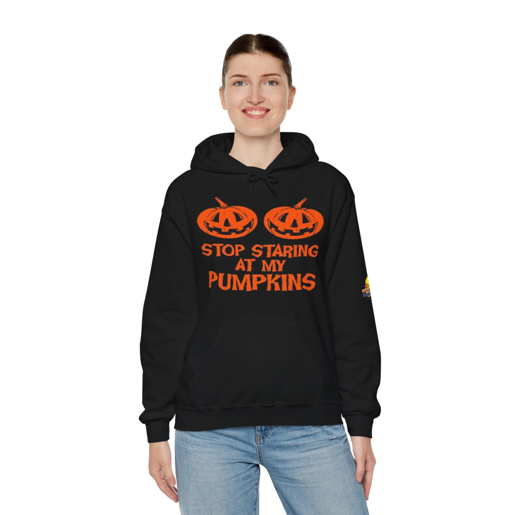 Stop Staring at My Pumpkins Hooded Sweatshirt Printify