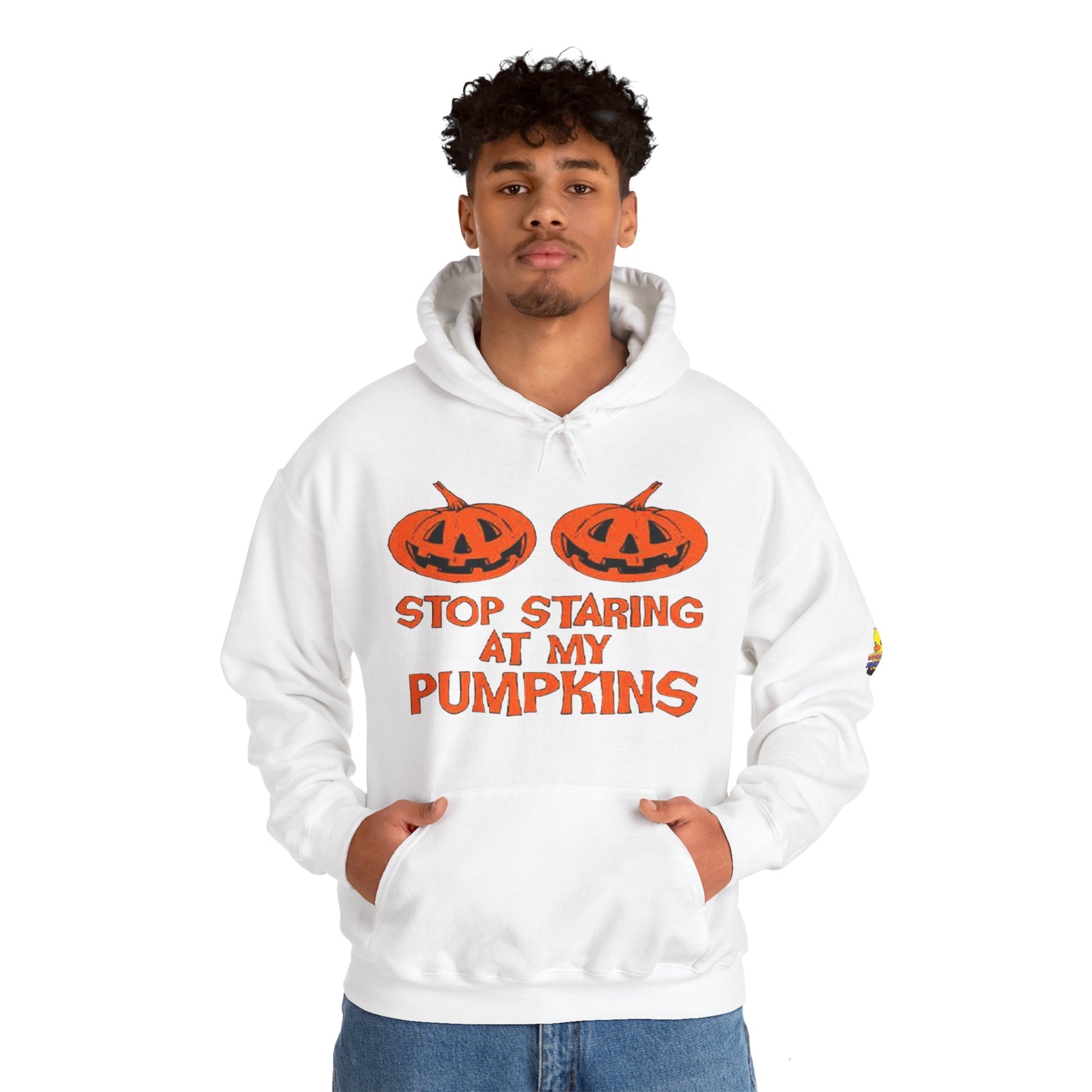 Stop Staring at My Pumpkins Hooded Sweatshirt Printify