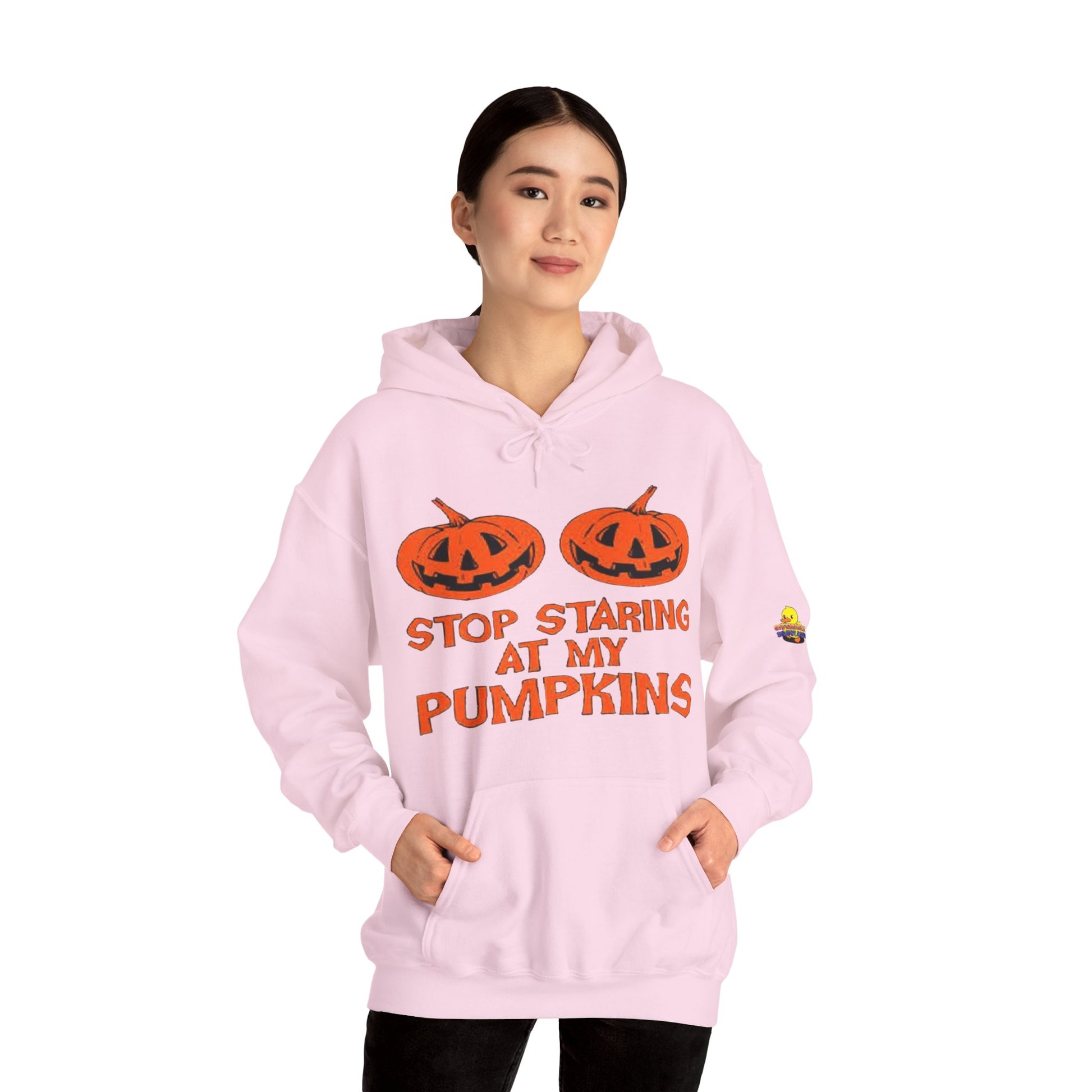 Stop Staring at My Pumpkins Hooded Sweatshirt Printify