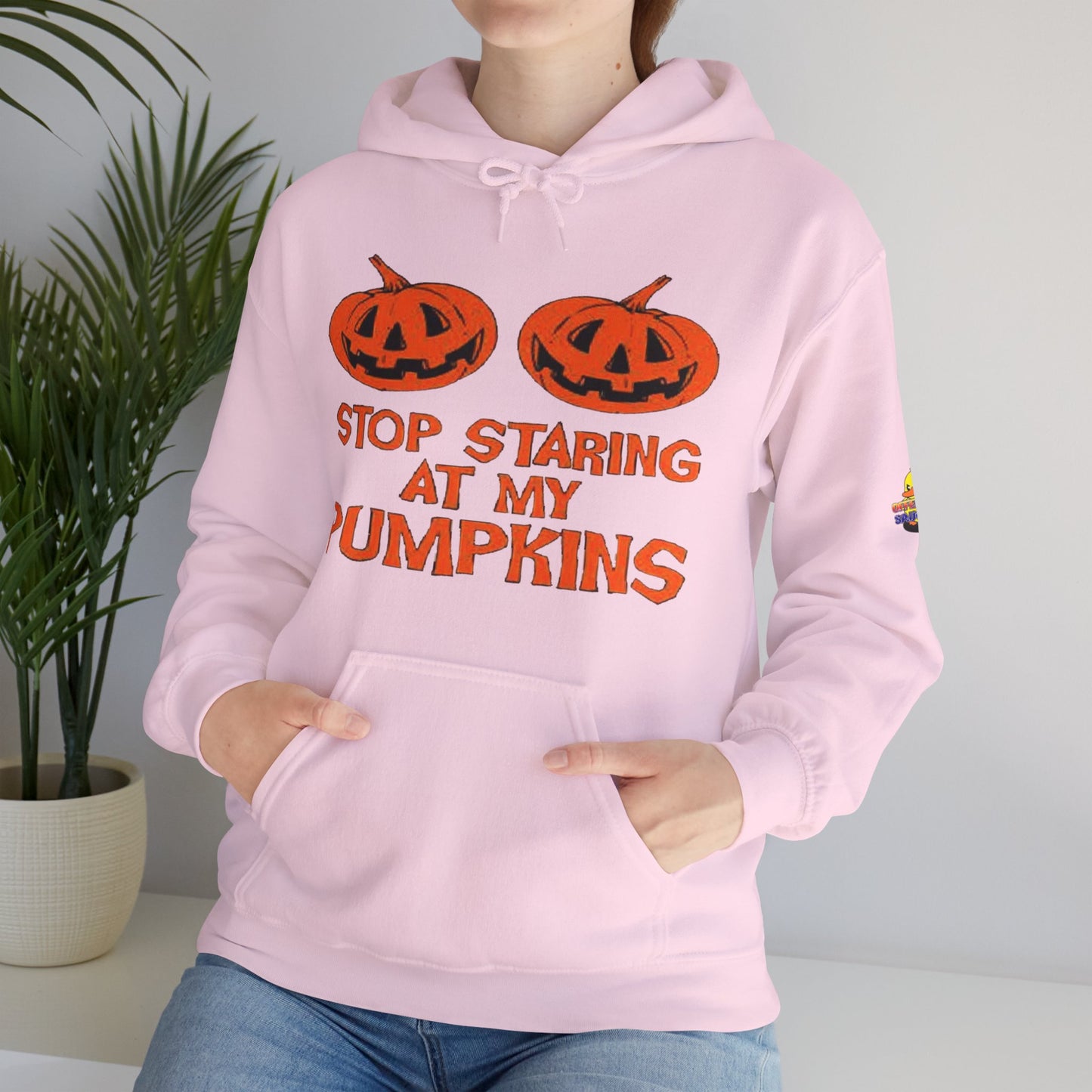 Stop Staring at My Pumpkins Hooded Sweatshirt Printify