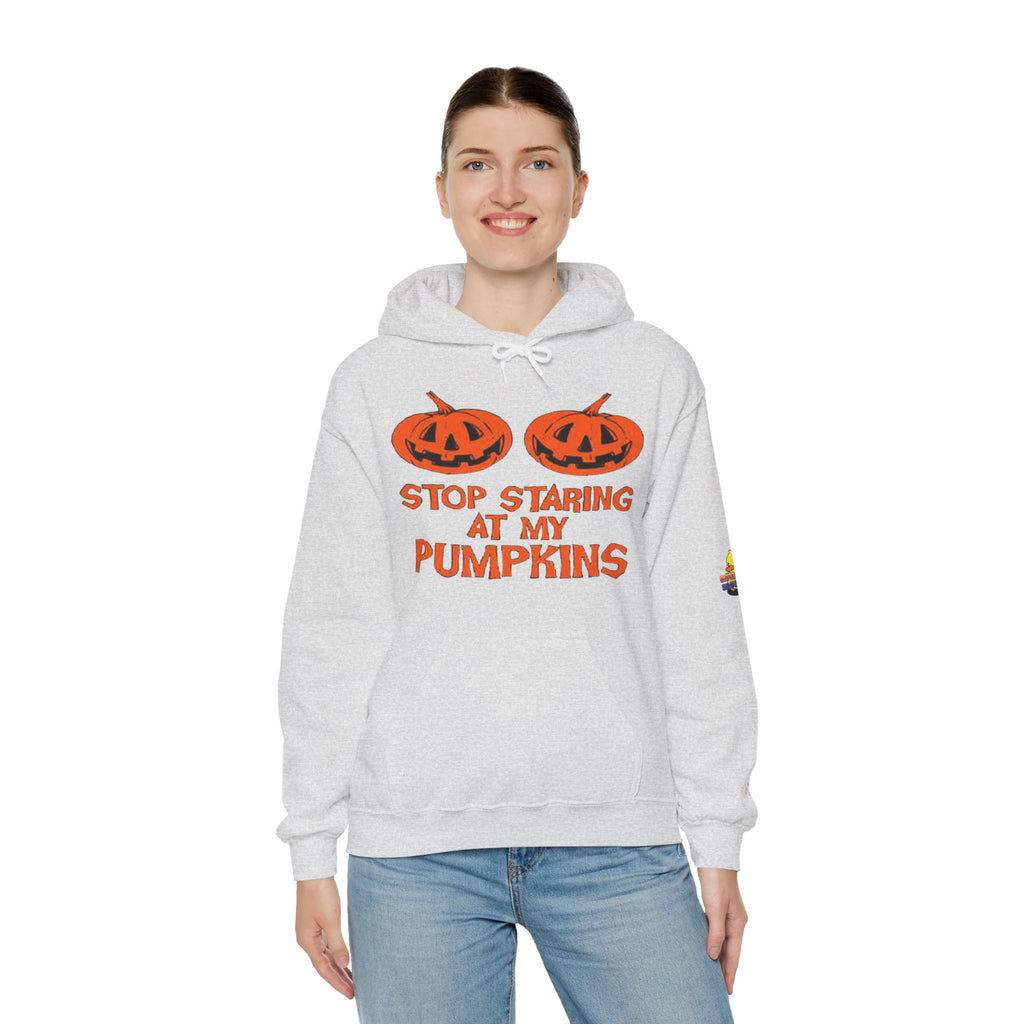 Stop Staring at My Pumpkins Hooded Sweatshirt Printify