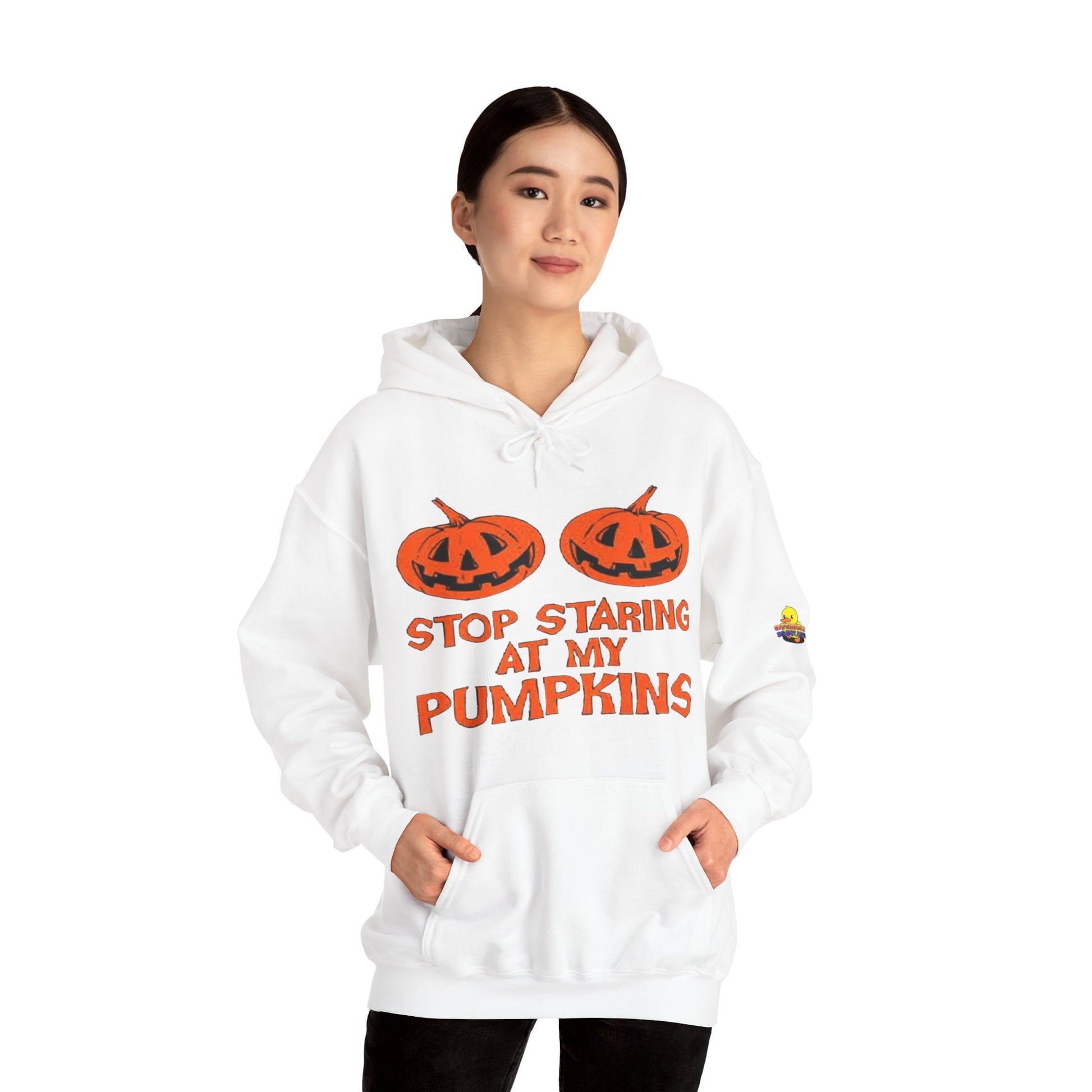 Stop Staring at My Pumpkins Hooded Sweatshirt Printify