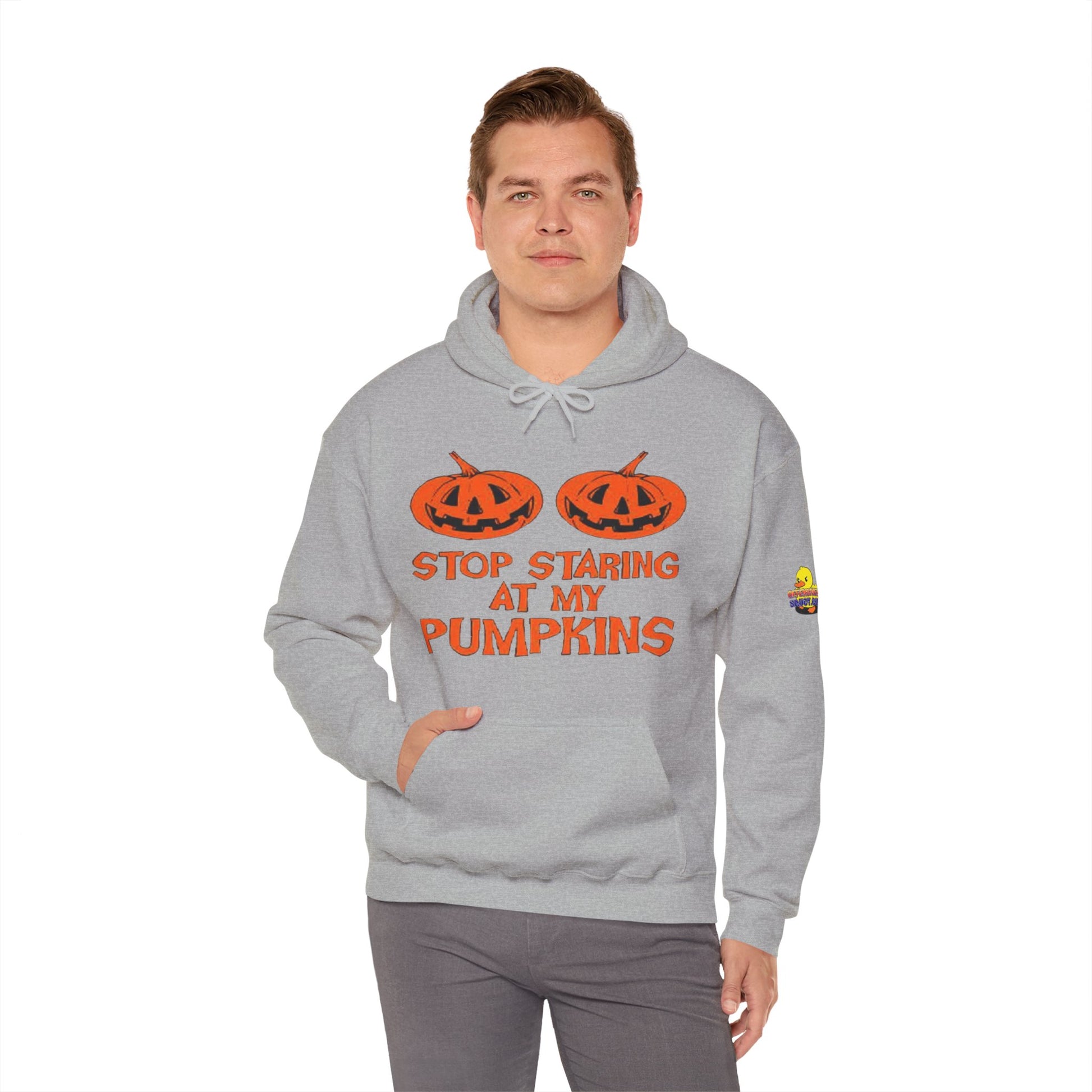 Stop Staring at My Pumpkins Hooded Sweatshirt Printify