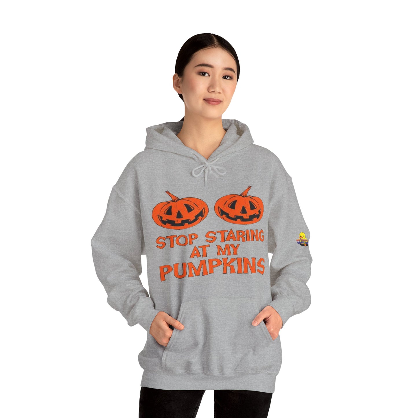 Stop Staring at My Pumpkins Hooded Sweatshirt Printify