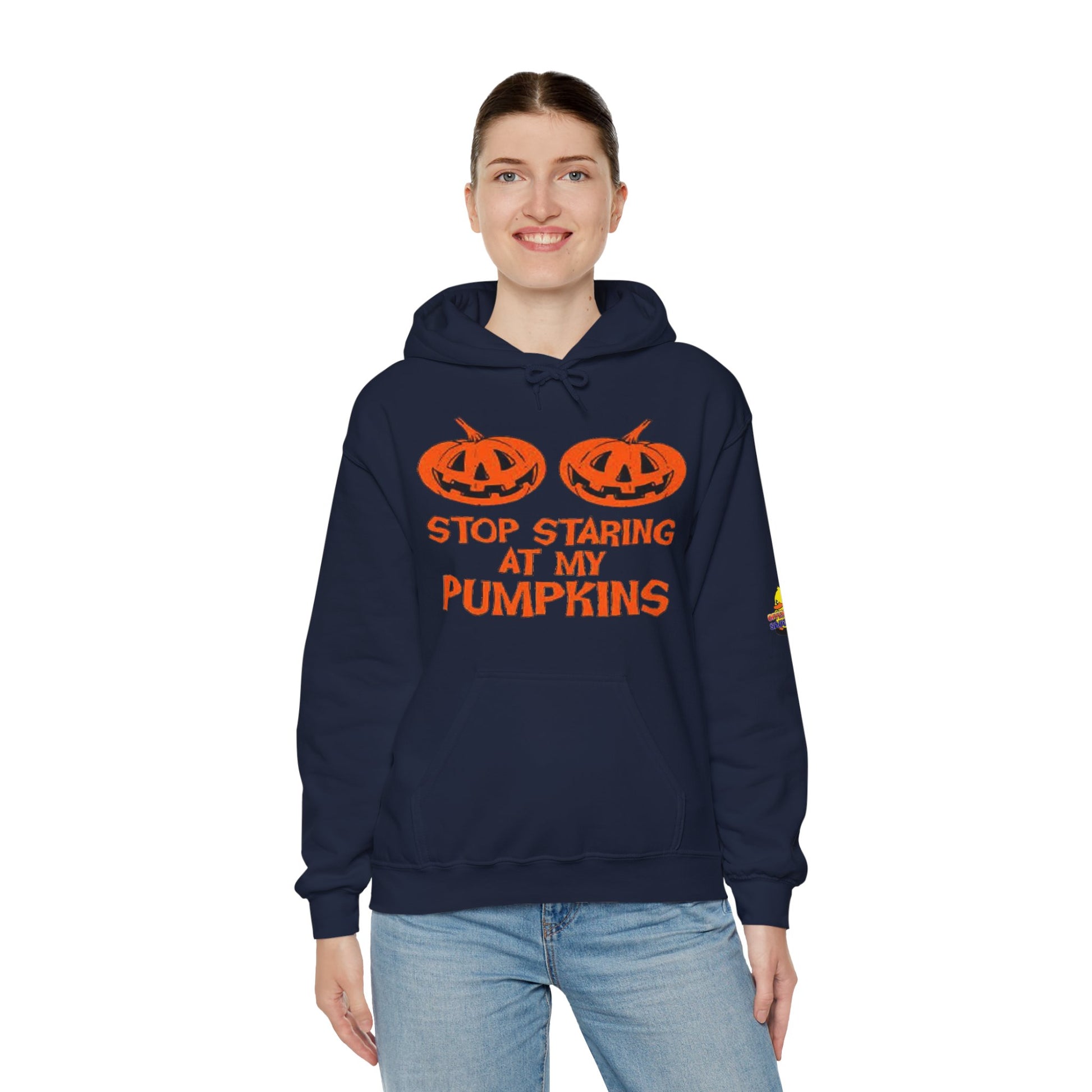 Stop Staring at My Pumpkins Hooded Sweatshirt Printify