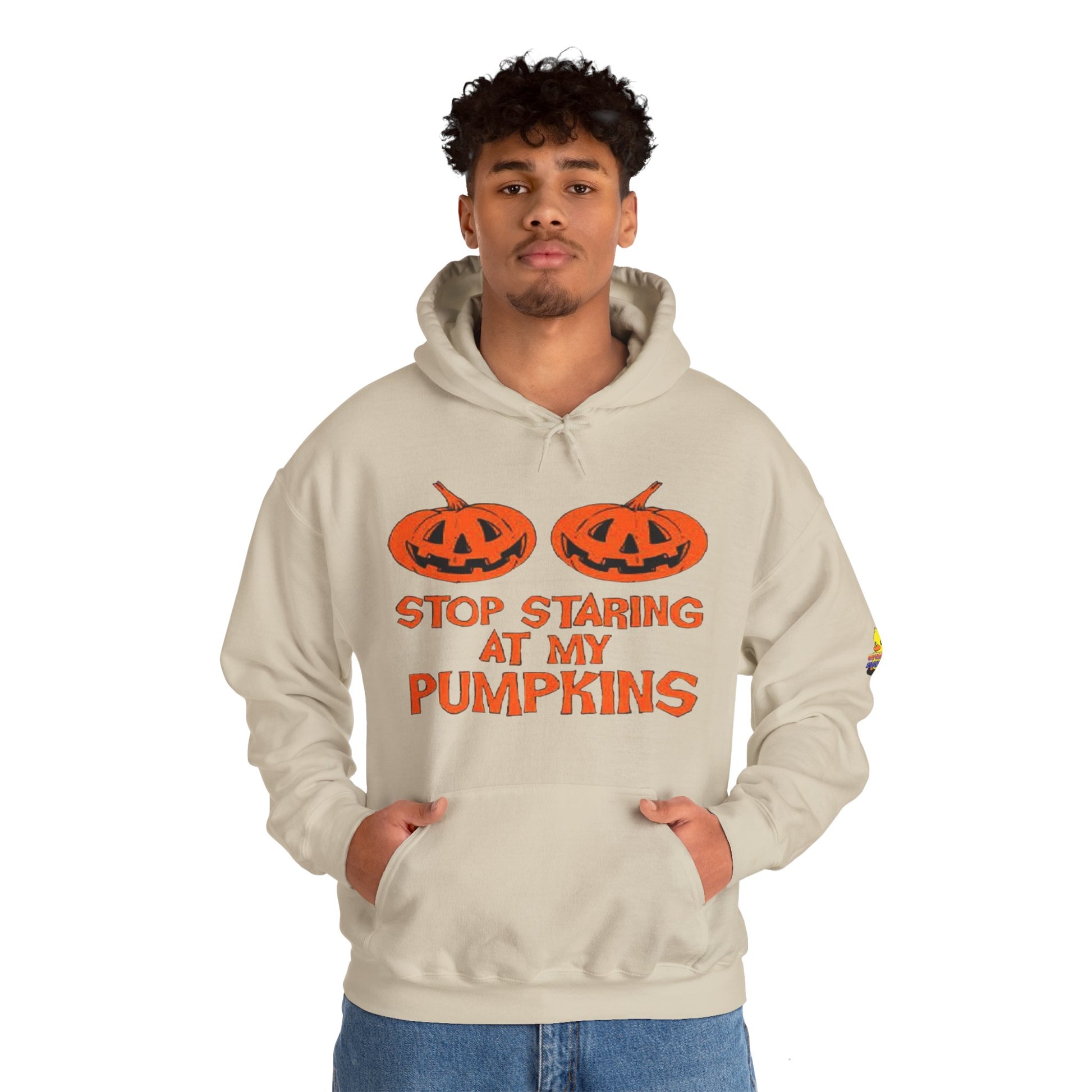 Stop Staring at My Pumpkins Hooded Sweatshirt Printify