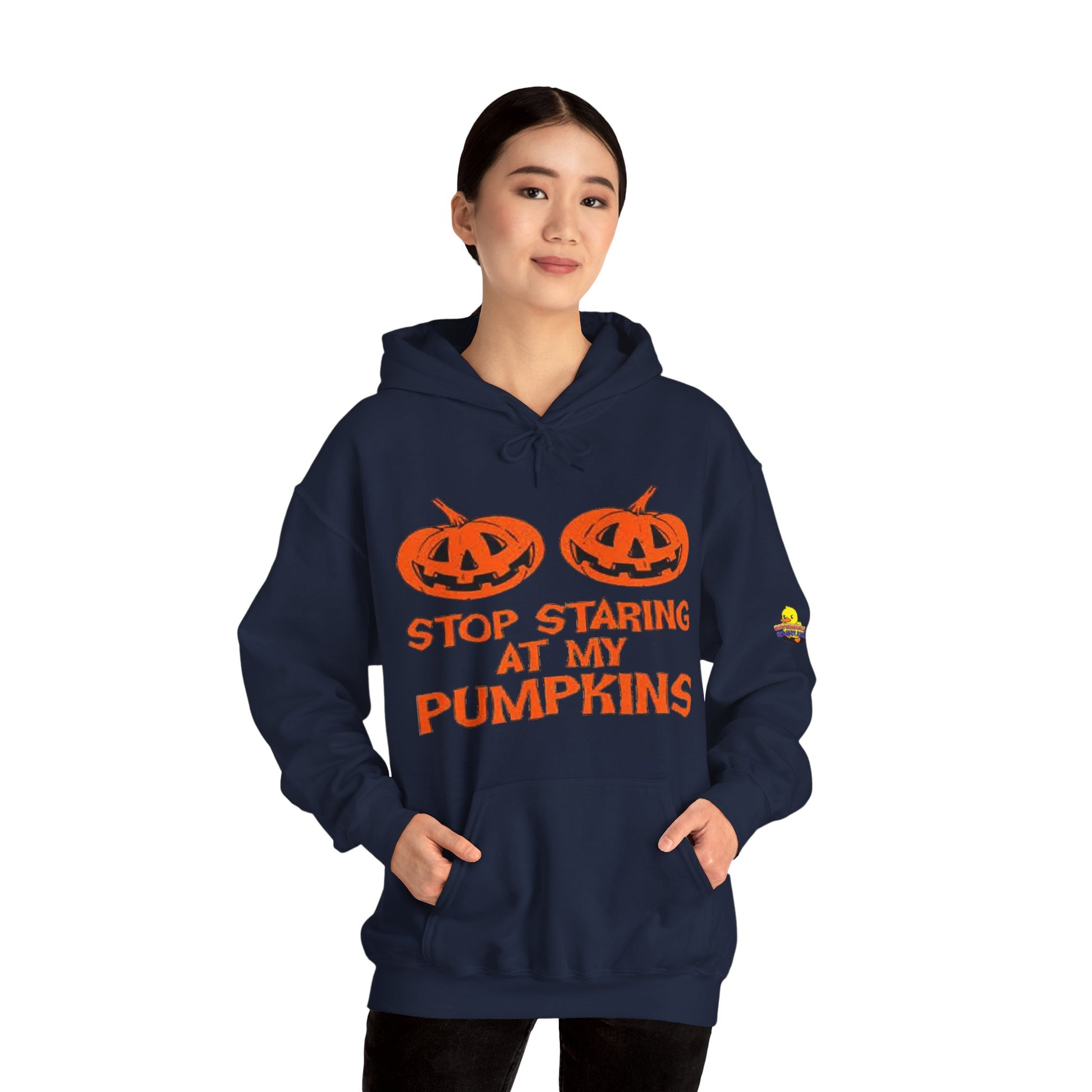 Stop Staring at My Pumpkins Hooded Sweatshirt Printify