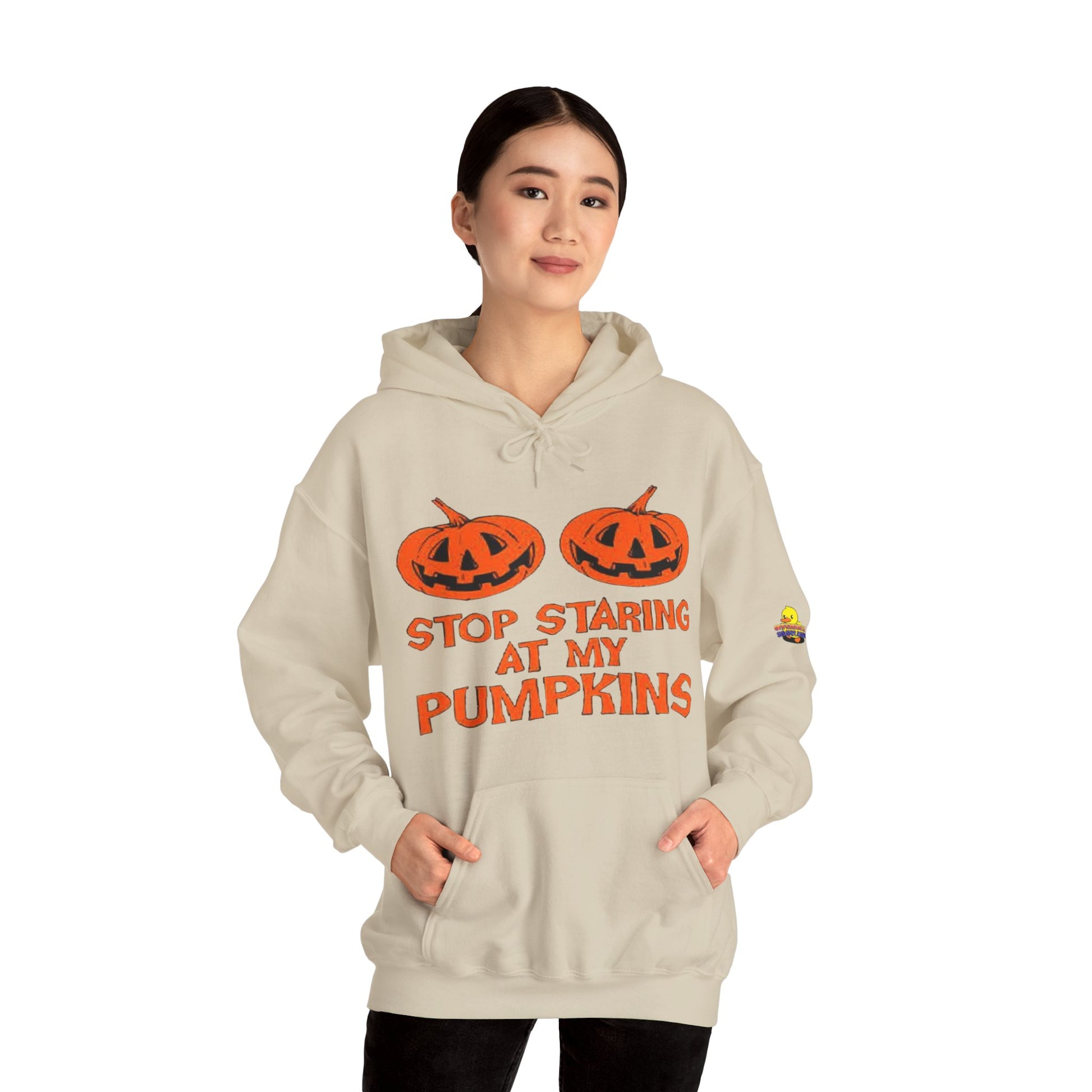 Stop Staring at My Pumpkins Hooded Sweatshirt Printify