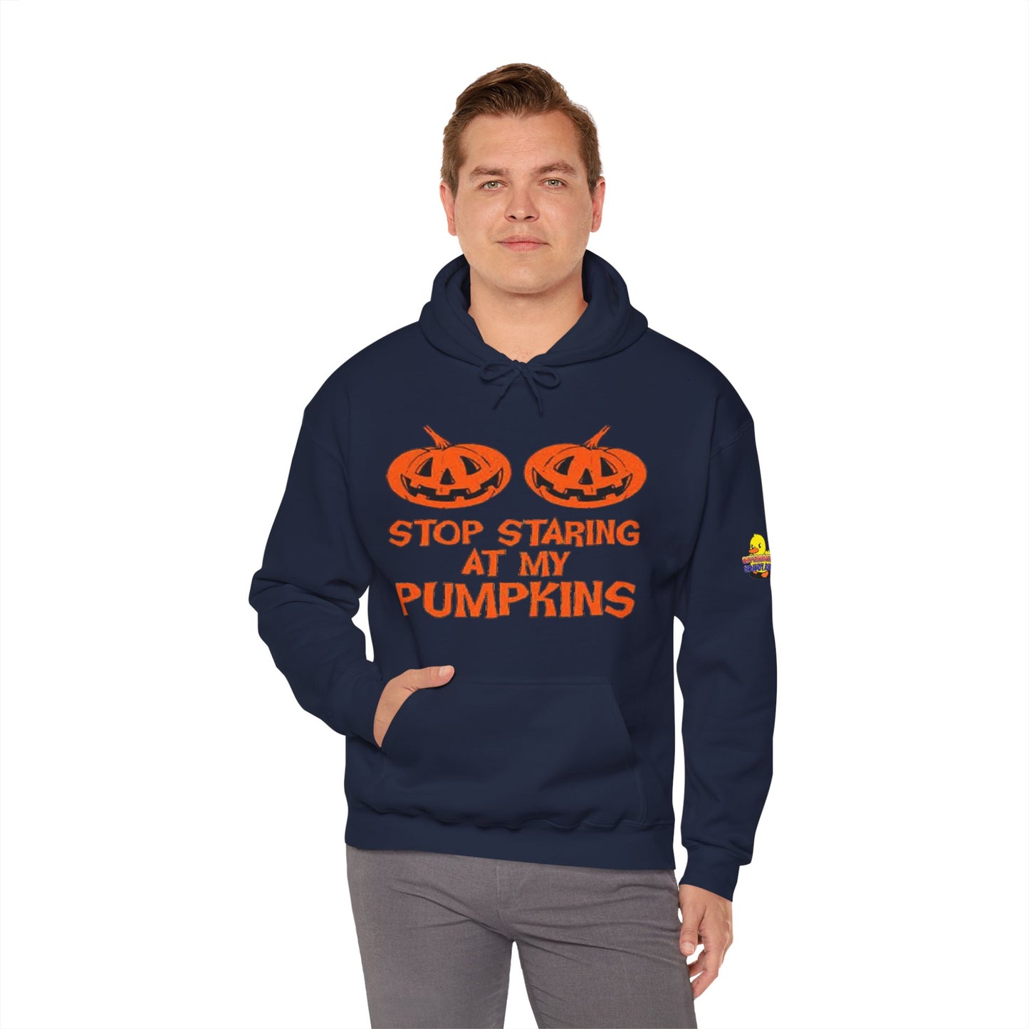 Stop Staring at My Pumpkins Hooded Sweatshirt Printify