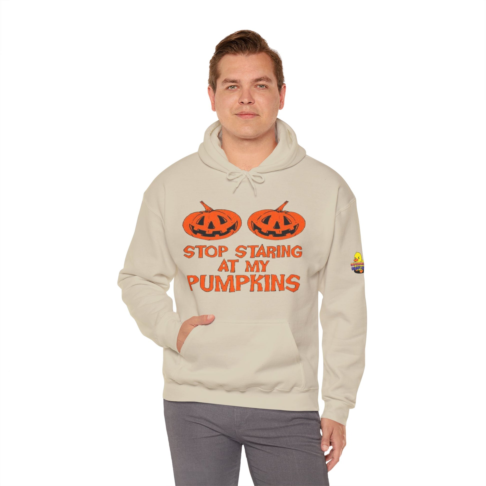 Stop Staring at My Pumpkins Hooded Sweatshirt Printify