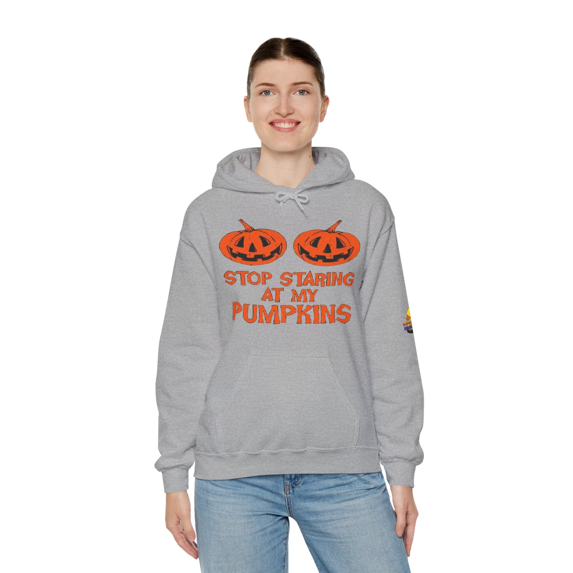 Stop Staring at My Pumpkins Hooded Sweatshirt Printify