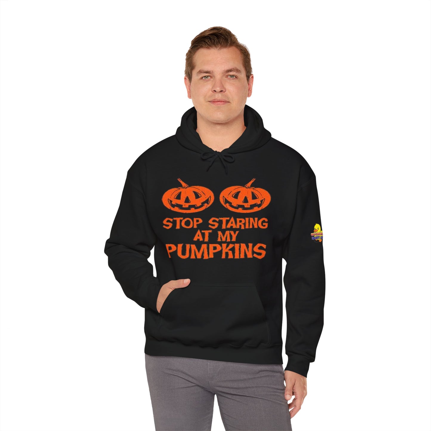 Stop Staring at My Pumpkins Hooded Sweatshirt Printify