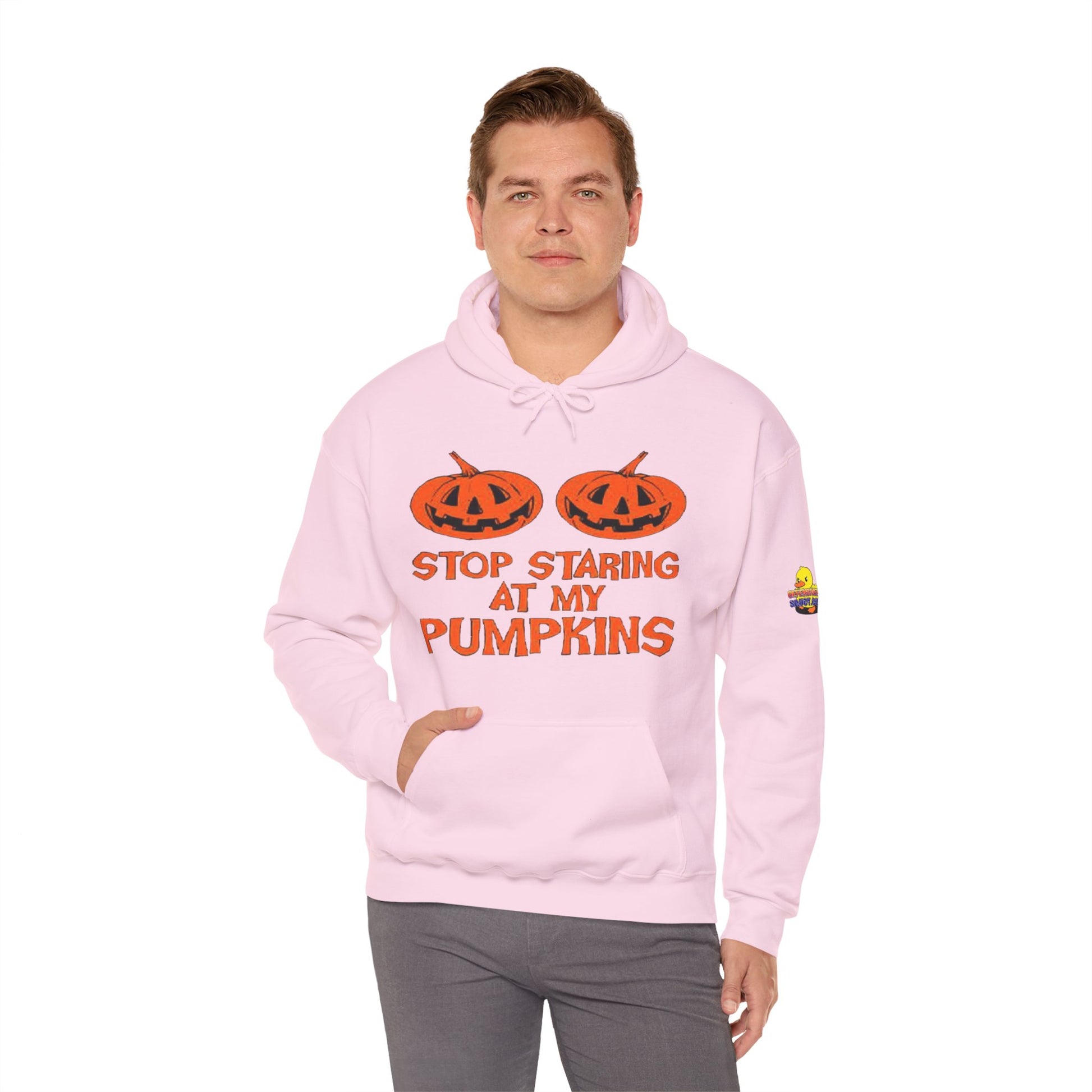 Stop Staring at My Pumpkins Hooded Sweatshirt Printify