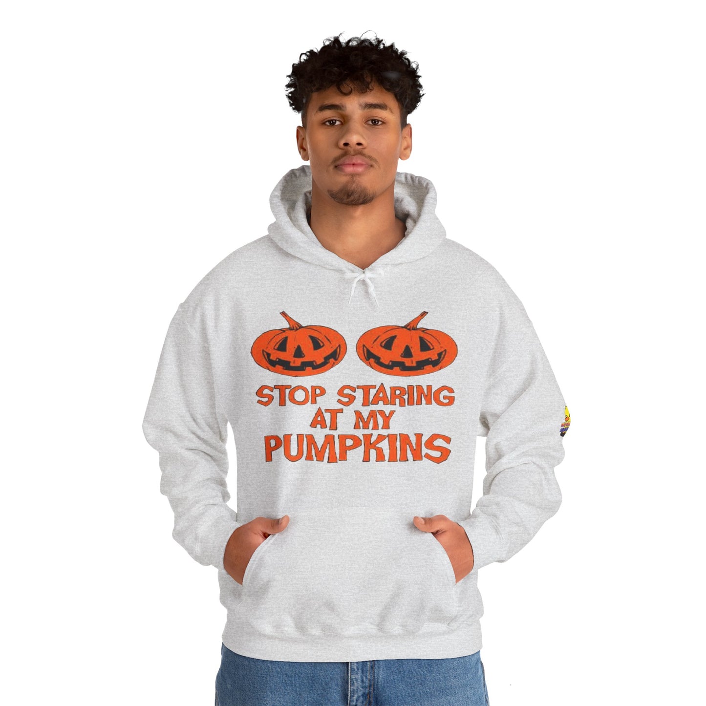 Stop Staring at My Pumpkins Hooded Sweatshirt Printify