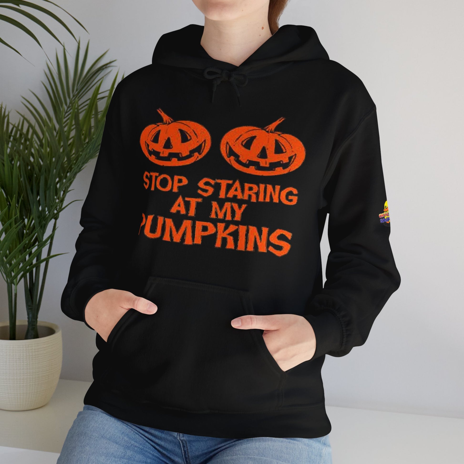 Stop Staring at My Pumpkins Hooded Sweatshirt Printify