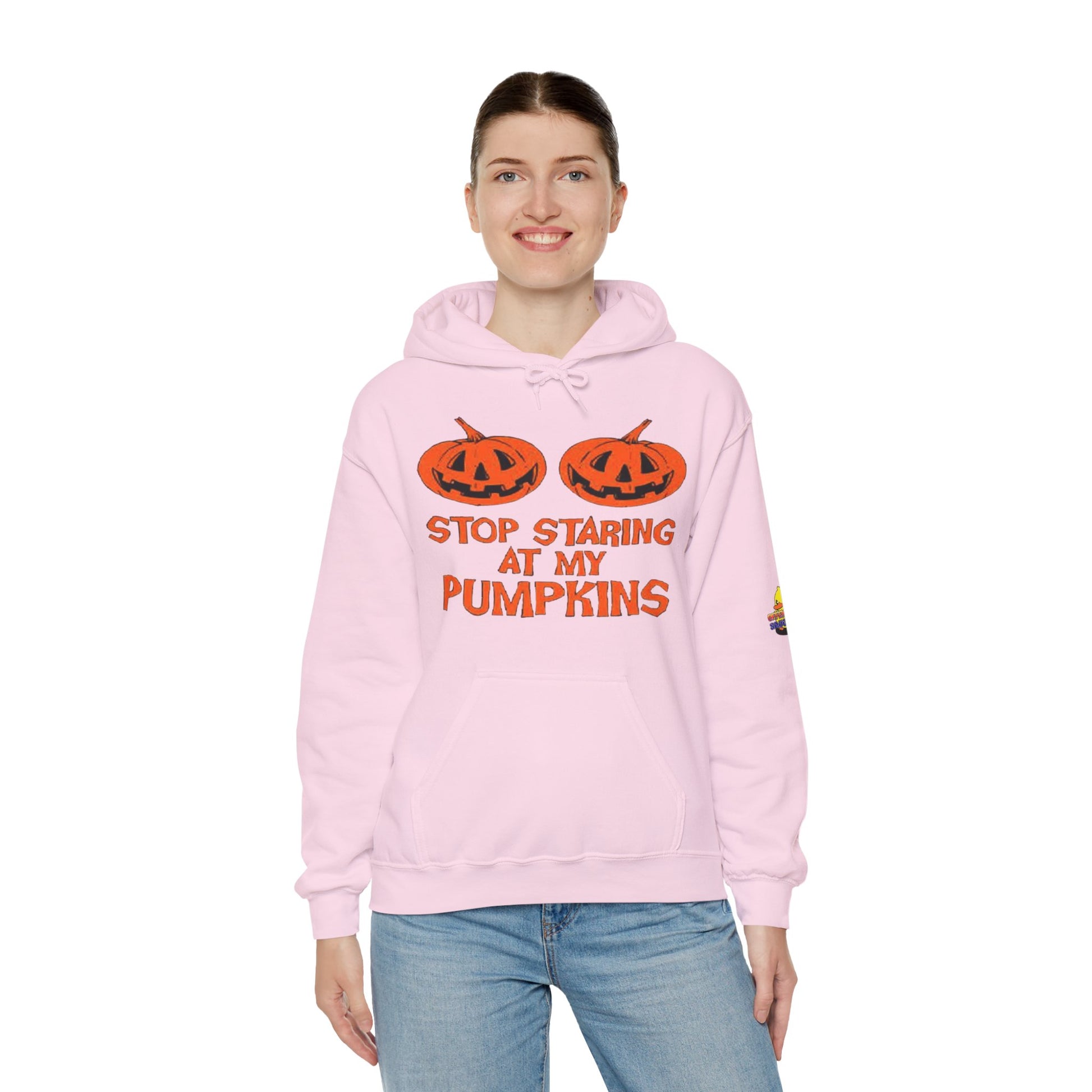 Stop Staring at My Pumpkins Hooded Sweatshirt Printify