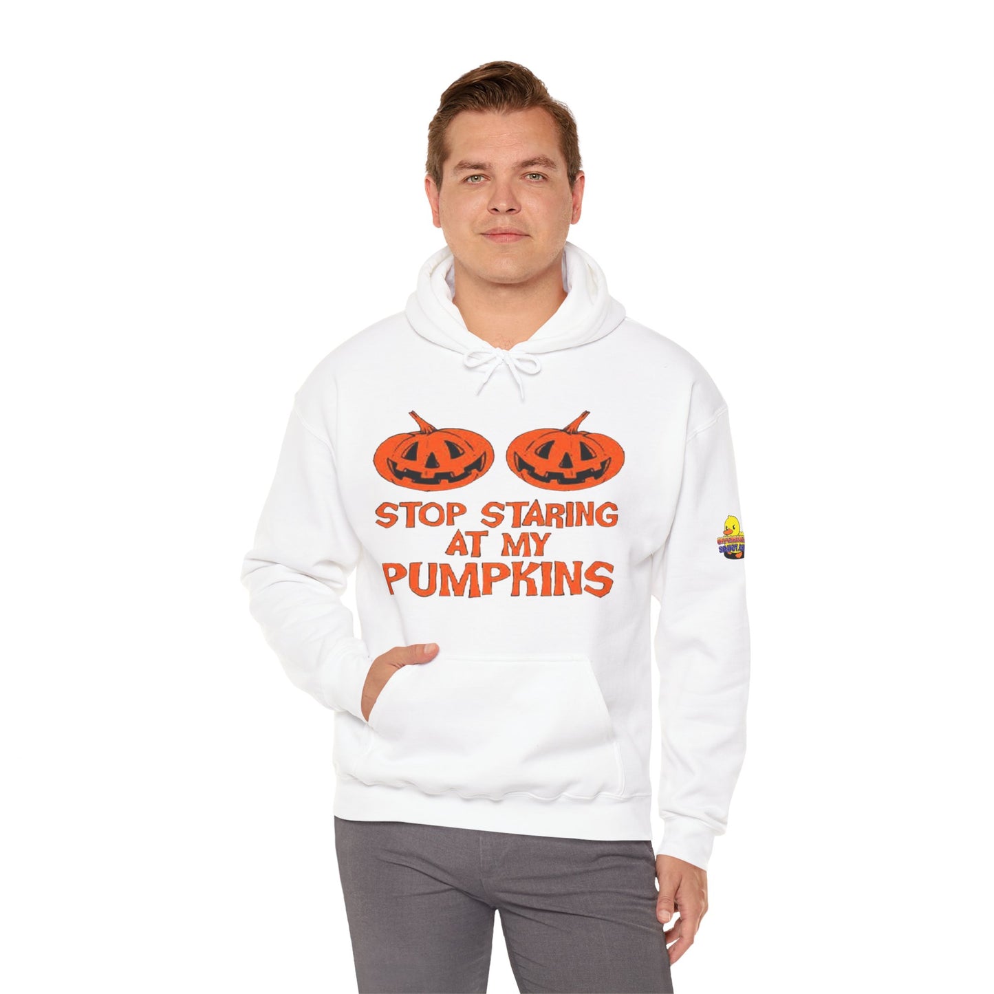 Stop Staring at My Pumpkins Hooded Sweatshirt Printify