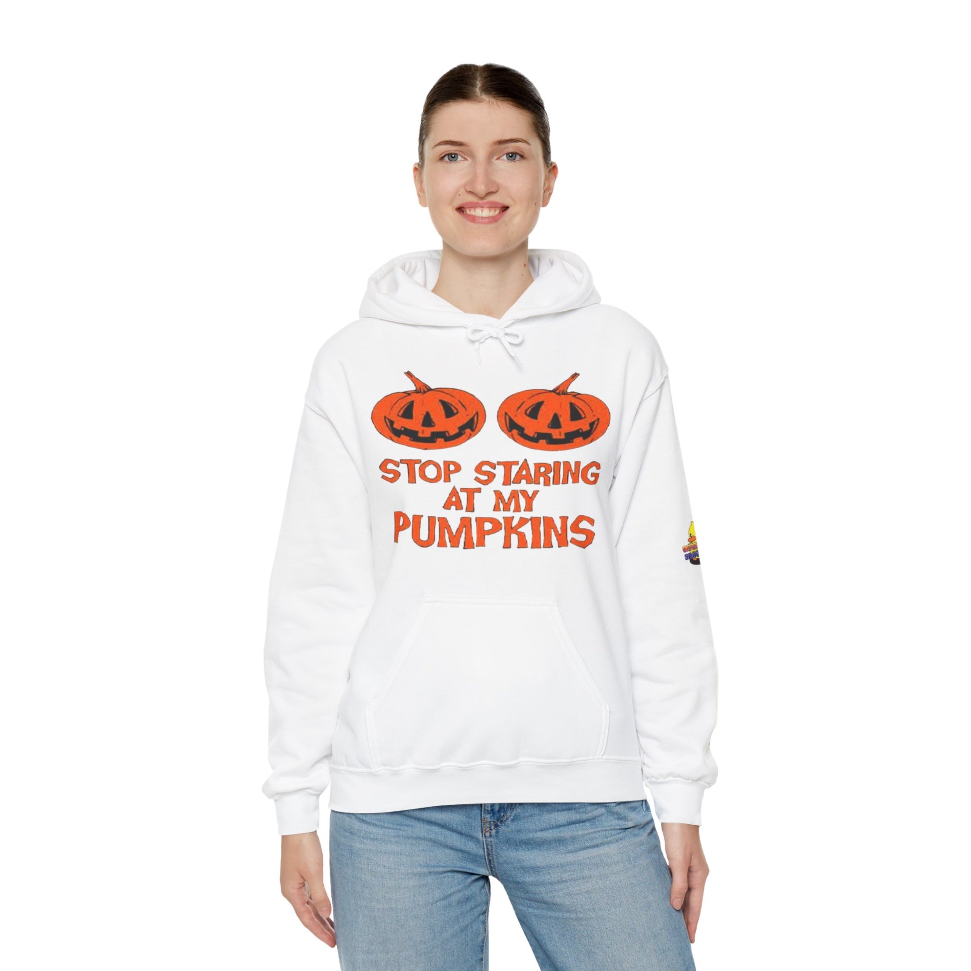 Stop Staring at My Pumpkins Hooded Sweatshirt Printify